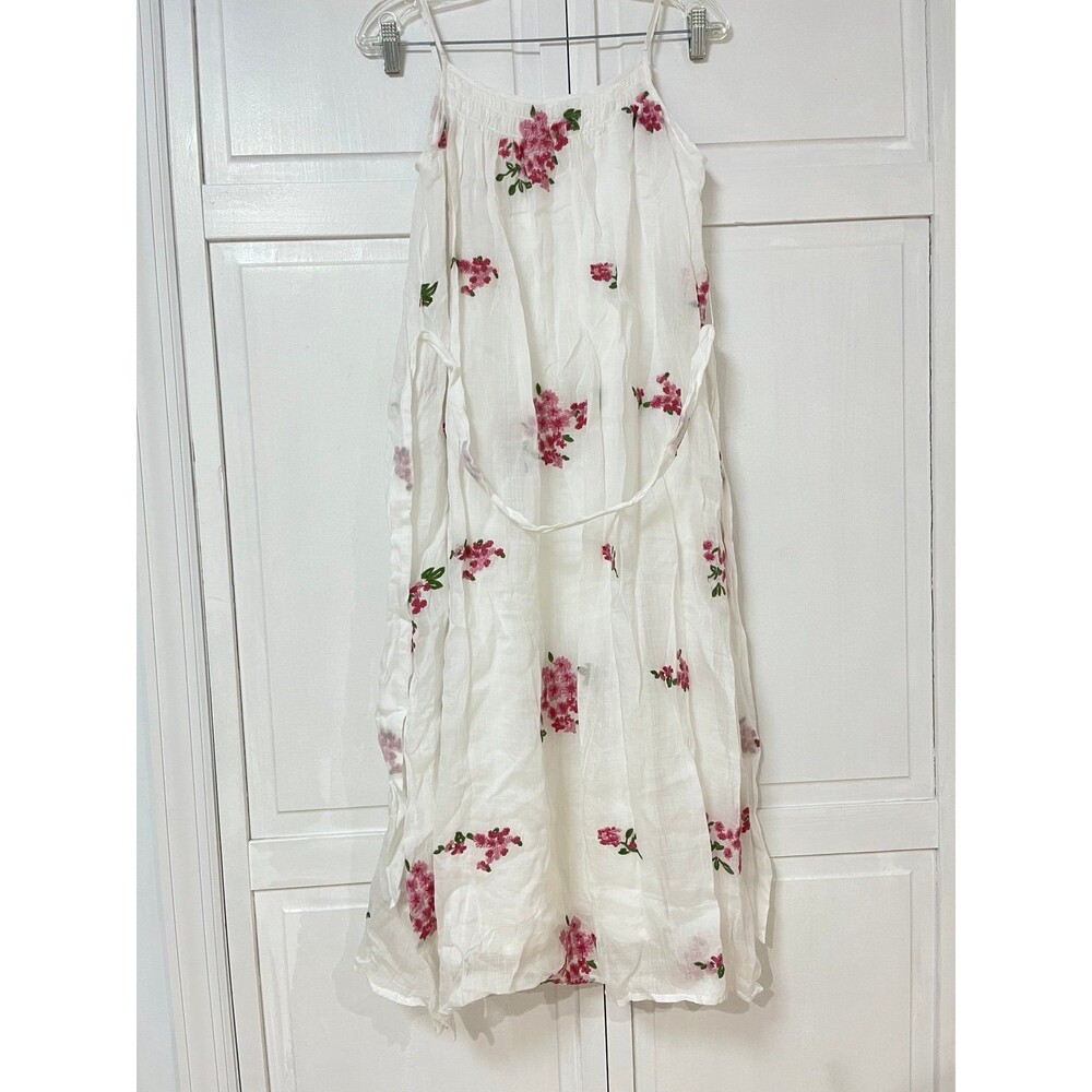 Embroidered Linen Midi Dress White Pink Floral Boho Sun Dress Size Medium - Picture 2 of 3